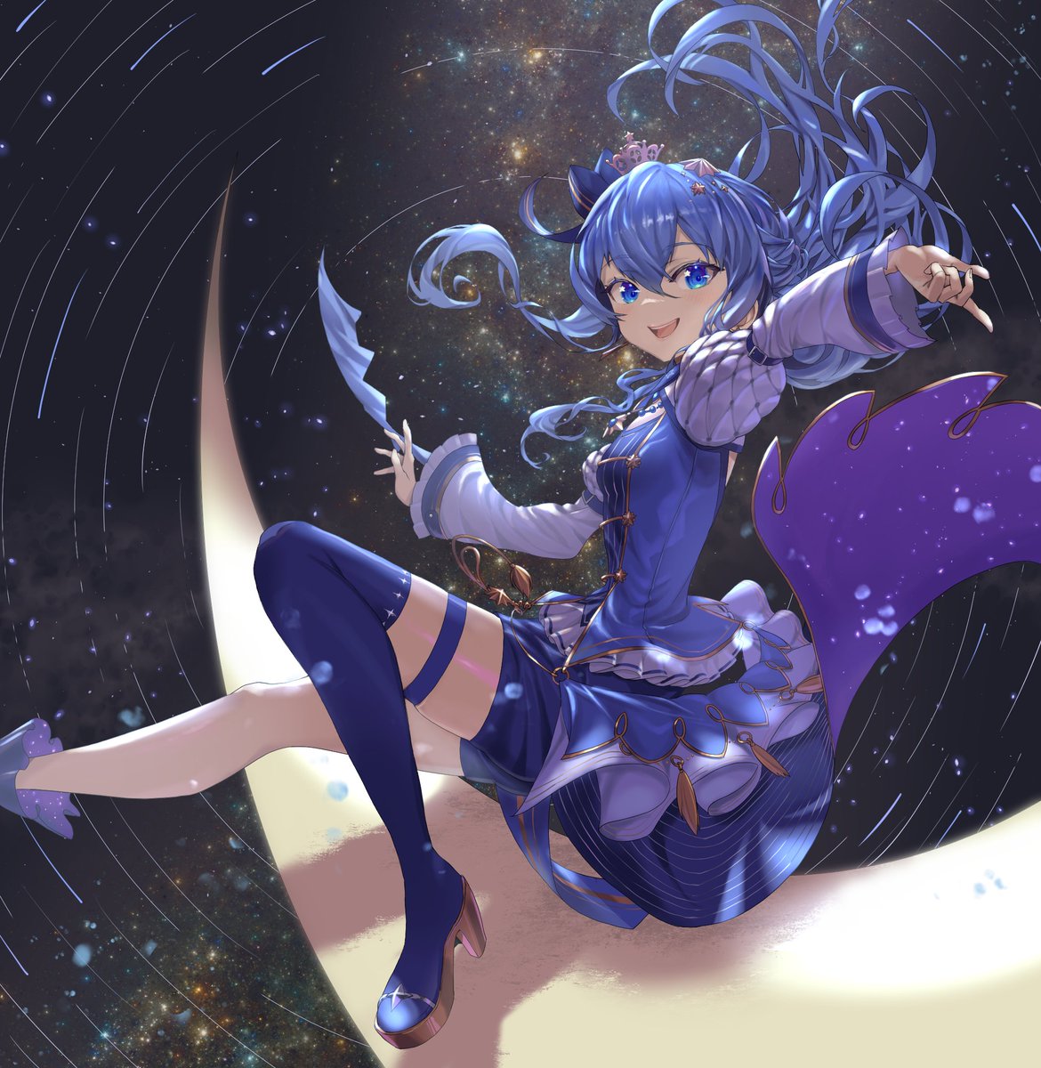 1girl alternate_costume asymmetrical_footwear asymmetrical_legwear atatatatame01 blue_dress blue_eyes blue_footwear blue_hair blue_legwear blue_ribbon blue_shorts blush boots breasts coattails commentary crescent_moon crown dress eyebrows_visible_through_hair floating_hair foot_out_of_frame frilled_sleeves frills gold_trim hair_between_eyes hair_ornament hair_ribbon high_heel_boots high_heels highres hololive hoshimachi_suisei jewelry long_hair long_sleeves looking_at_viewer mini_crown moon necklace open_mouth outstretched_arm outstretched_hand ribbon shooting_star short_shorts shorts single_thigh_boot sitting_on_moon skindentation sky small_breasts smile solo space star_(sky) star_(symbol) star_hair_ornament star_in_eye starry_sky striped striped_ribbon symbol_in_eye tassel thigh-highs thigh_boots thigh_strap virtual_youtuber