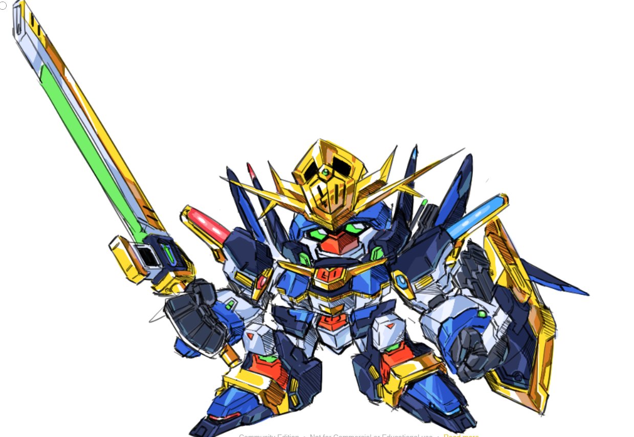 chibi clenched_hand english_commentary green_eyes holding holding_shield holding_sword holding_weapon looking_to_the_side looking_up mecha no_humans original pillar_buster science_fiction shield solo super_robot sword v-fin weapon white_background yuusha_series