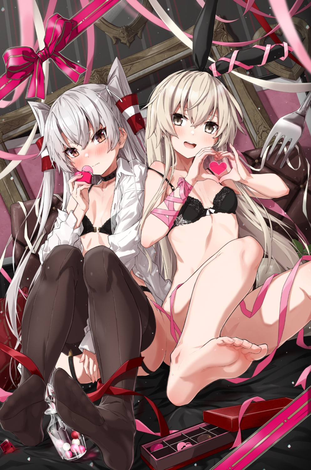 2girls amatsukaze_(kancolle) barefoot black_bra black_legwear blonde_hair blush bottomless bra brown_eyes closed_mouth collarbone collared_shirt eyebrows_visible_through_hair fork hair_between_eyes heart heart_hands highres kantai_collection long_hair multiple_girls open_clothes open_mouth open_shirt oversized_object shimakaze_(kancolle) shirt silver_hair smile symbol-only_commentary takanashi_kei_(hitsujikan) teeth thigh-highs toes two_side_up underwear upper_teeth white_shirt yellow_eyes