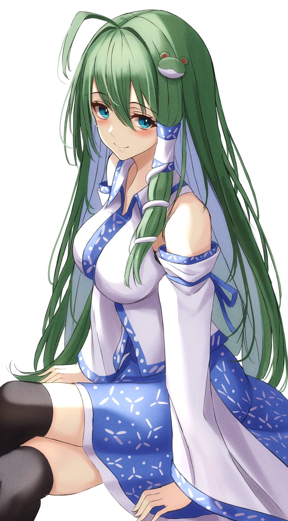 .me 1girl blue_eyes blue_skirt collared_shirt frog_hair_ornament green_eyes green_hair hair_ornament hair_tubes highres kochiya_sanae long_hair long_skirt looking_at_viewer nontraditional_miko over-kneehighs shirt simple_background skirt sleeveless sleeveless_shirt smile snake_hair_ornament solo thigh-highs touhou white_background white_legwear white_shirt