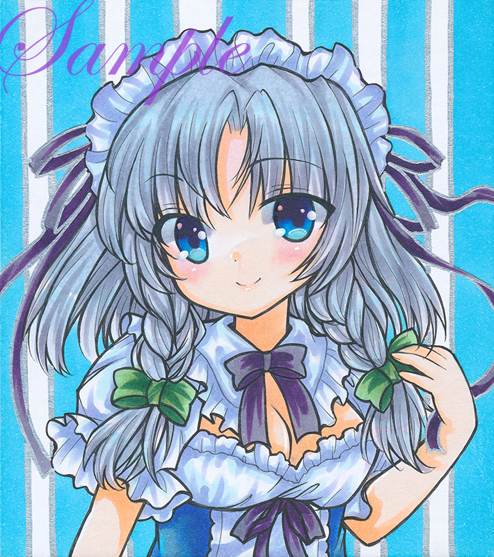 1girl blue_eyes blush bow bowtie breasts closed_mouth eyebrows_visible_through_hair frilled_shirt_collar frills grey_hair hair_ribbon head_tilt izayoi_sakuya looking_at_viewer maid_headdress marker_(medium) medium_breasts medium_hair puffy_short_sleeves puffy_sleeves purple_bow purple_bowtie purple_ribbon ribbon rui_(sugar3) sample short_sleeves smile solo striped striped_background touhou traditional_media upper_body vertical_stripes