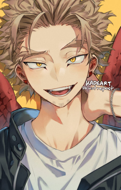 1boy :d artist_name bangs boku_no_hero_academia brown_hair close-up commentary earrings facial_hair fangs feathered_wings forehead goatee green_jacket hand_up hawks_(boku_no_hero_academia) jacket jewelry kadeart language_request looking_at_viewer lower_teeth male_focus open_clothes open_jacket open_mouth parted_bangs shirt short_sleeves smile spiky_hair stubble teeth upper_body upper_teeth white_shirt wings yellow_background yellow_eyes zipper