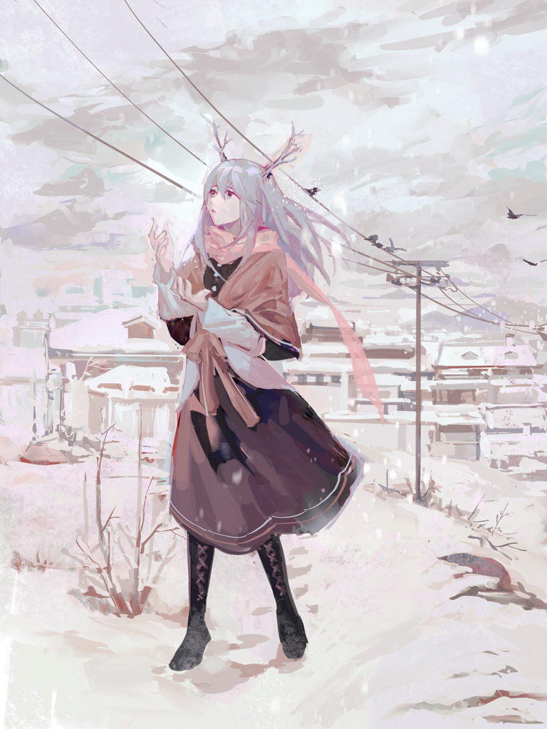 1girl bird black_footwear boots brown_dress brown_shawl building clouds cloudy_sky commentary_request deer_antlers dress full_body grey_eyes grey_hair knee_boots lobelia_(saclia) long_hair original outdoors parted_lips power_lines sky snow snowing solo standing utility_pole