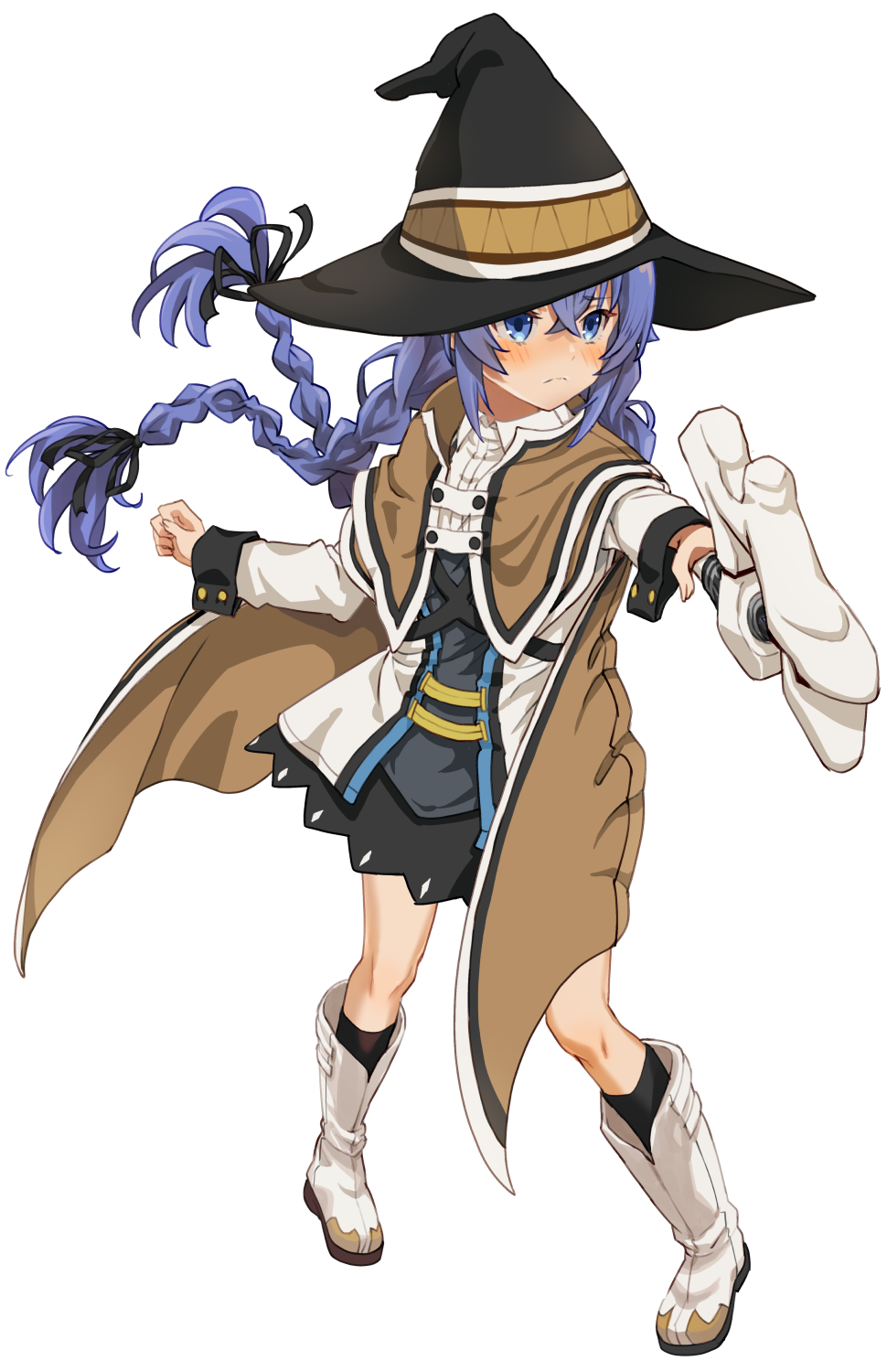 1girl blue_eyes blue_hair blush boots boshi_(a-ieba) brown_jacket hair_between_eyes hat highres jacket long_hair mage_staff mushoku_tensei roxy_migurdia skirt solo twintails white_background witch witch_hat