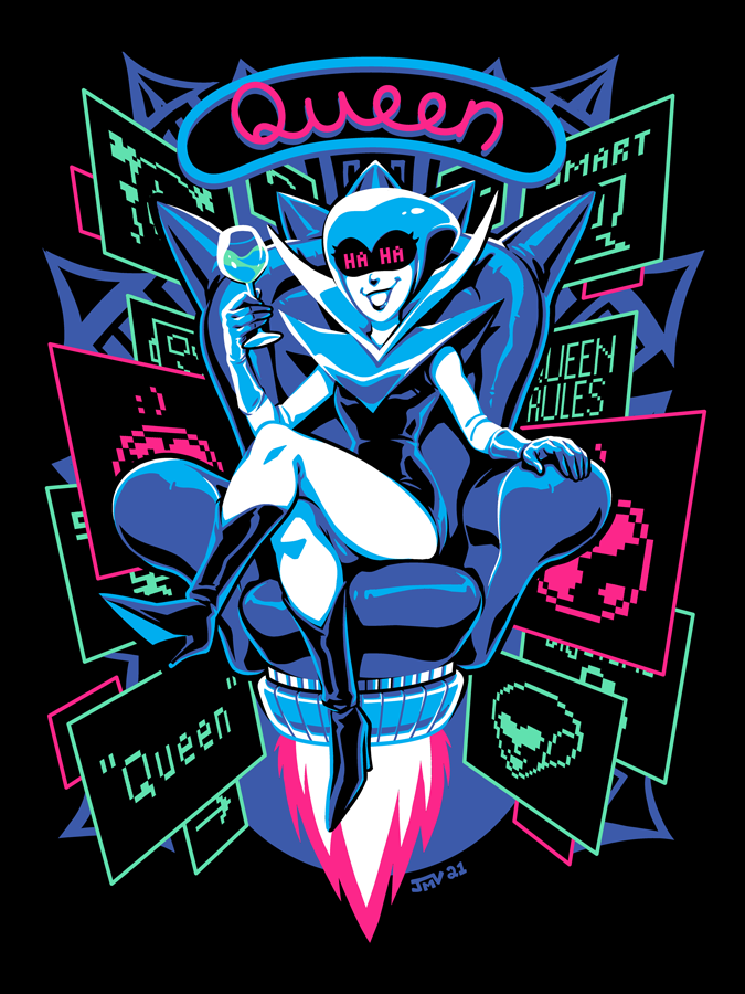 1girl black_footwear blue_gloves boots crossed_legs cup deltarune drinking_glass english_commentary english_text full_body gloves grin high_heel_boots high_heels holding holding_cup jorge_m_velez narrow_waist queen_(deltarune) signature simple_background sitting smile solo throne wine_glass