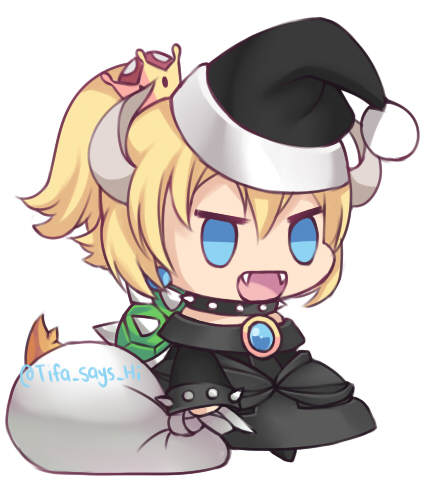 1girl :d black_coat black_headwear blonde_hair blue_eyes bowsette capelet chibi christmas coat commentary crown fangs fur-trimmed_capelet fur_trim hat holding holding_sack long_sleeves lowres meme open_mouth padoru_(meme) sack santa_hat simple_background smile solo standing super_mario_bros. tifa-amakura tongue twitter_username white_background