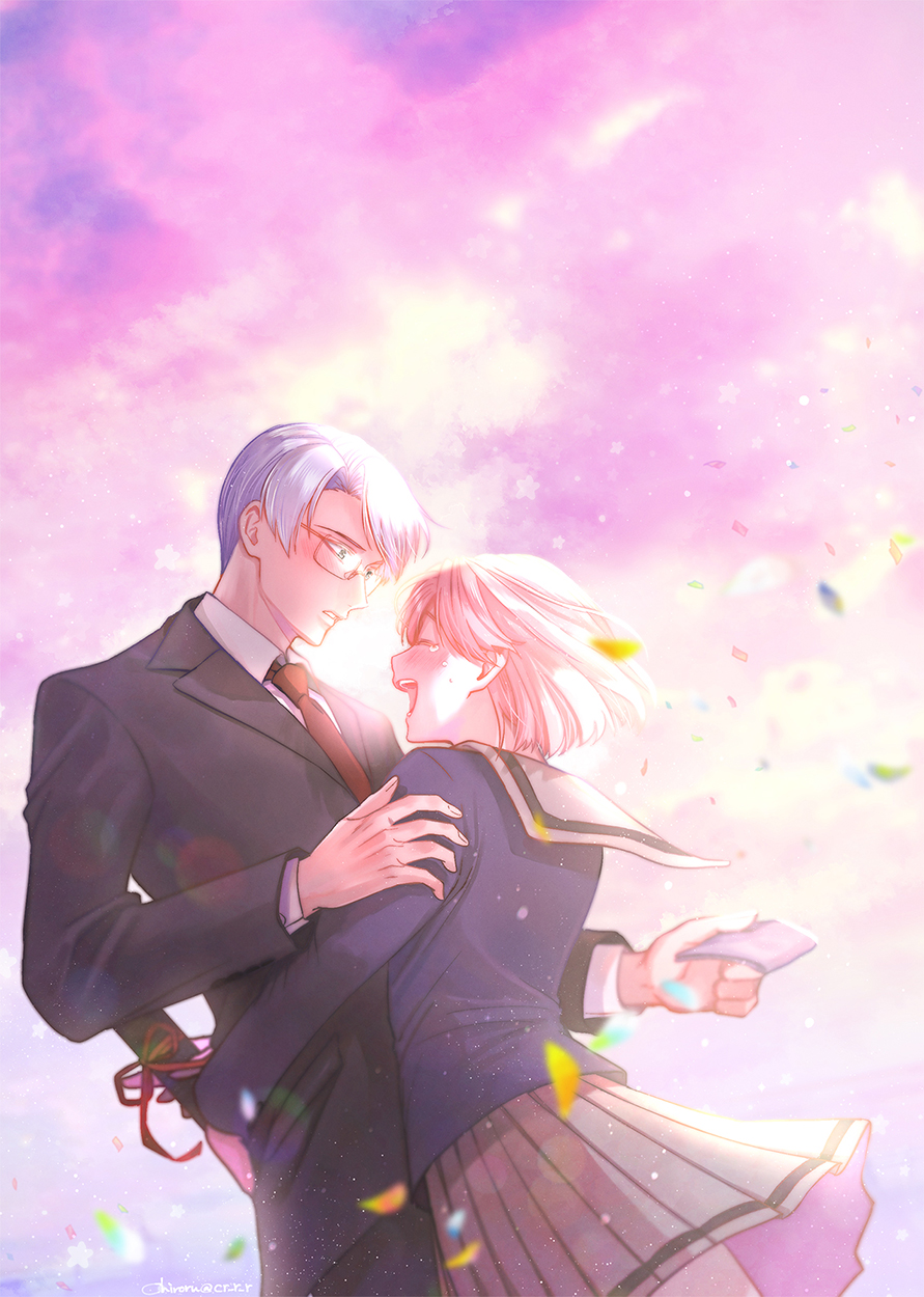 1boy 1girl blush bob_cut chiroru clouds confetti cowboy_shot day diploma dutch_angle embarrassed facing_another floating_hair formal glasses graduation habataki_academy_uniform hand_on_another's_arm handkerchief happy height_difference hetero highres himuro_reiichi holding_handkerchief hug long_sleeves looking_at_another looking_down miniskirt necktie open_mouth parted_lips pink_hair pleated_skirt profile protagonist_(tokimemo_gs) purple_hair red_necktie school_uniform serafuku short_hair skirt sky suit surprised teacher_and_student tears tokimeki_memorial tokimeki_memorial_girl's_side tube wind