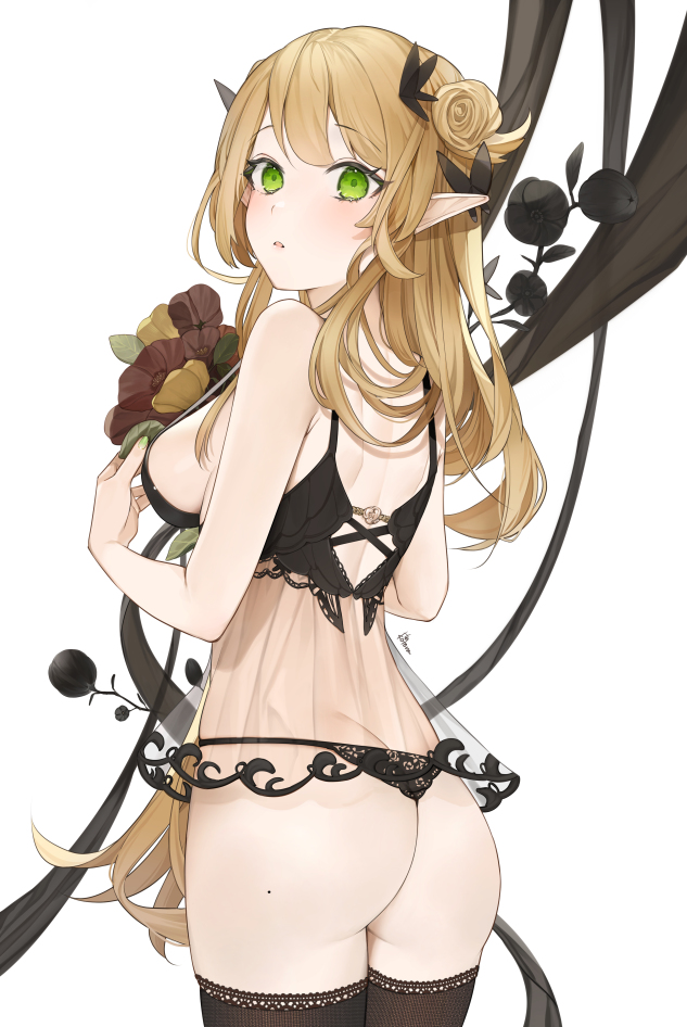 1girl ass babydoll back bare_arms bare_shoulders black_legwear black_panties blonde_hair bouquet breasts cowboy_shot female_ass flower from_behind green_eyes hair_bun halterneck hu_kotora lingerie long_hair looking_at_viewer looking_back medium_breasts mole mole_on_ass original panties parted_lips pointy_ears see-through sheer_clothes sidelocks simple_background solo spaghetti_strap standing strap_gap string_bikini thigh-highs thighs thighs_together underwear underwear_only white_background