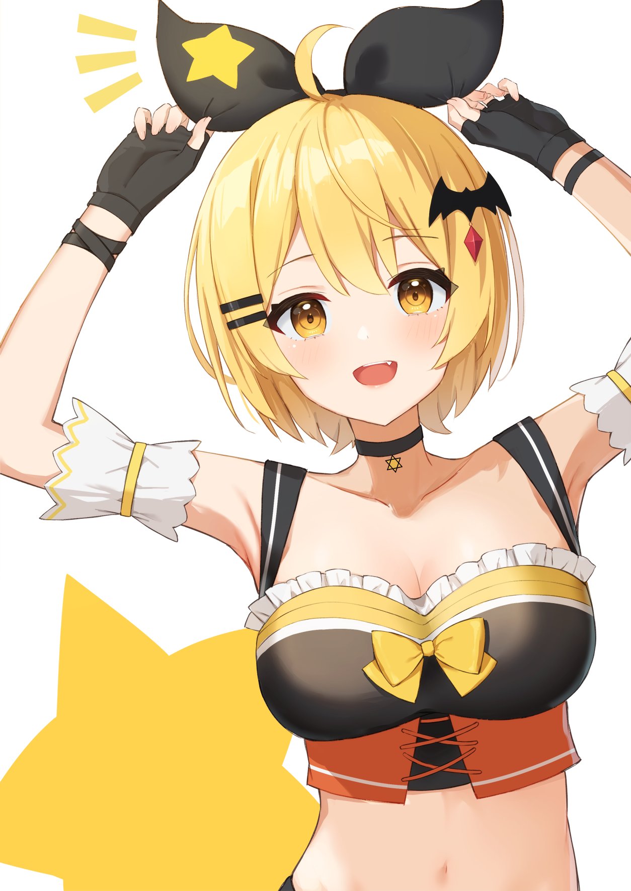 1girl :d ahoge arms_up bangs bat_hair_ornament black_bow black_choker black_gloves blonde_hair blush bow breasts choker commentary_request crop_top detached_sleeves eyebrows_visible_through_hair fingerless_gloves gloves hair_bow hair_ornament hairclip highres hololive large_breasts looking_at_viewer mirai_(mirai76_) navel notice_lines short_hair smile solo stomach upper_body virtual_youtuber yellow_eyes yozora_mel