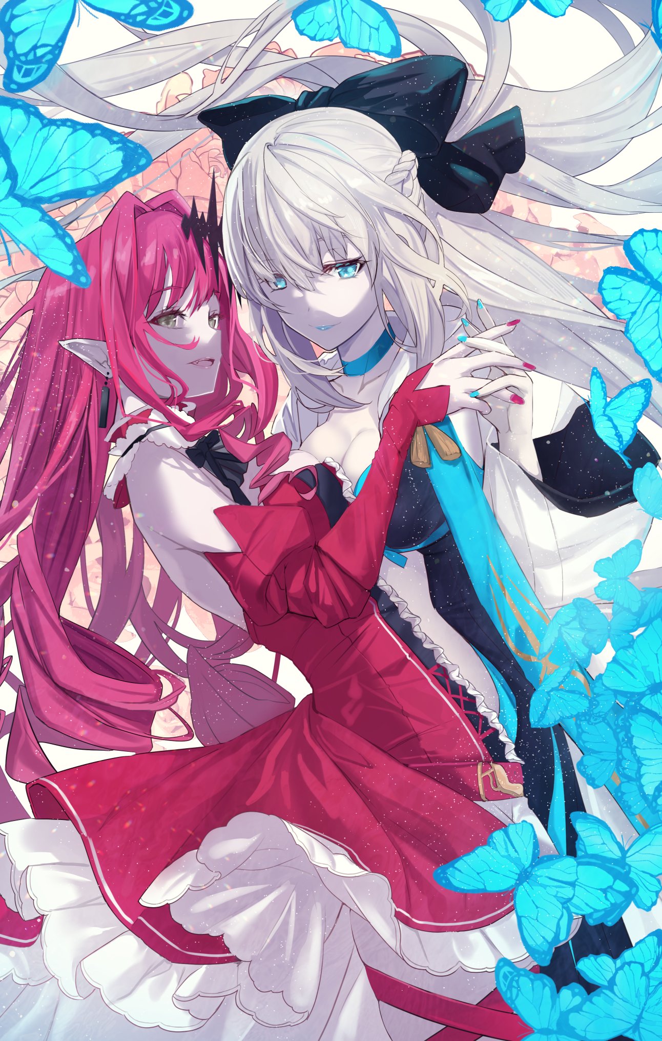 2girls black_bow black_dress bow braid breast_press breasts center_frills center_opening clothing_cutout detached_collar detached_sleeves dress earrings fairy_knight_tristan_(fate) fate/grand_order fate_(series) french_braid frills grey_eyes highres holding_hands interlocked_fingers jewelry large_breasts light_blue_eyes long_hair looking_at_viewer morgan_le_fay_(fate) multiple_girls pale_skin pink_hair platinum_blonde_hair pointy_ears ponytail red_dress smile stomach_cutout symmetrical_docking tiara two-tone_dress untue