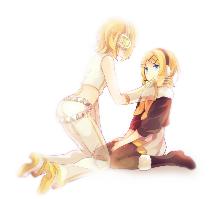 2girls akiyoshi_(tama-pete) blonde_hair blue_eyes boots dual_persona fading fur-trimmed_boots fur-trimmed_collar fur_trim hair_ornament hairclip headphones kagamine_rin multiple_girls parted_lips short_hair simple_background sitting vocaloid