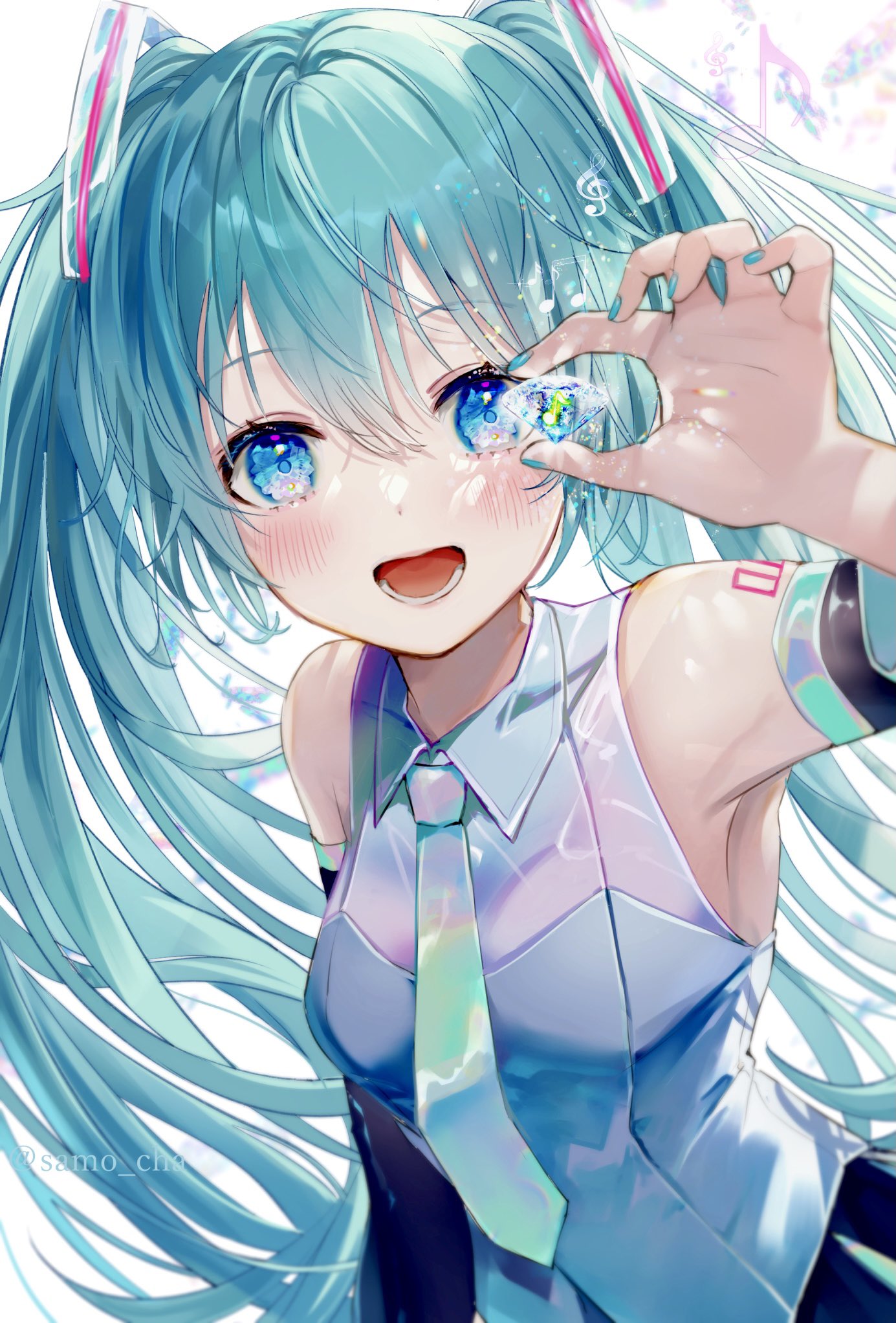 1girl :d aqua_hair aqua_nails aqua_necktie arm_at_side bare_shoulders beamed_eighth_notes blue_eyes blurry breasts collared_shirt depth_of_field detached_sleeves diamond_(symbol) eighth_note flower_in_eye gem grey_shirt hand_up happy hatsune_miku highres holding looking_at_viewer musical_note nail_polish necktie open_mouth pleated_skirt san_mokmok05 shirt shoulder_tattoo skirt smile solo sparkle symbol_in_eye tattoo treble_clef twintails upper_body vocaloid white_background