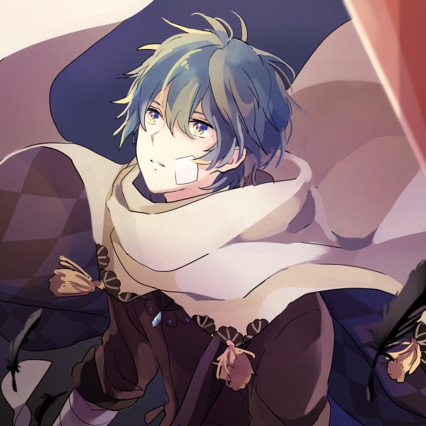 1boy akiyoshi_(tama-pete) bandaged_arm bandages bandaid bandaid_on_face black_feathers blue_eyes blue_hair cape feathers kaito_(vocaloid) male_focus mikaboshi_(vocaloid) short_hair sleeves_rolled_up solo vocaloid