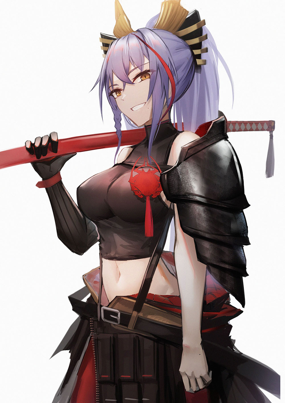 1girl akafuyu_(arknights) arknights armor bangs bare_shoulders black_bow black_gloves black_shirt bow braid breasts brown_eyes commentary cowboy_shot crop_top gloves grin hair_between_eyes hair_bow highres holding holding_sword holding_weapon katana large_breasts lodbyy long_hair looking_at_viewer midriff multicolored_hair navel over_shoulder ponytail purple_hair redhead shirt shoulder_armor sidelocks single_braid single_glove smile solo standing stomach streaked_hair sword weapon weapon_over_shoulder