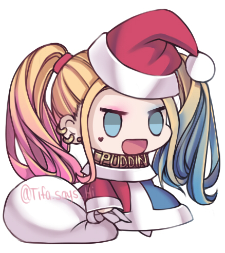 1girl :d aqua_eyes blonde_hair chibi christmas coat commentary dc_comics eyeshadow facial_mark hair_tie harley_quinn hat holding holding_sack long_hair long_sleeves lowres makeup meme open_mouth padoru_(meme) red_headwear sack santa_hat simple_background smile solo standing suicide_squad tied_hair tifa-amakura twintails twitter_username white_background