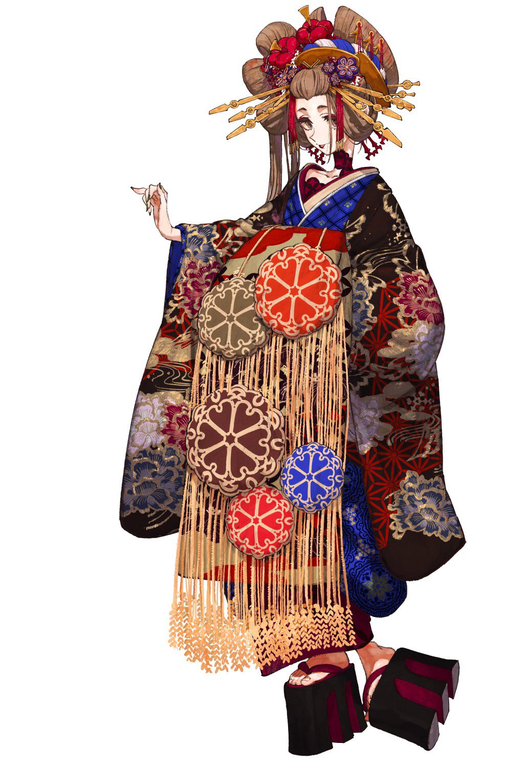 1girl brown_eyes brown_hair clog_sandals english_commentary fate/samurai_remnant fate_(series) floral_print hair_ornament highres japanese_clothes kimono official_art simple_background takao_dayu
