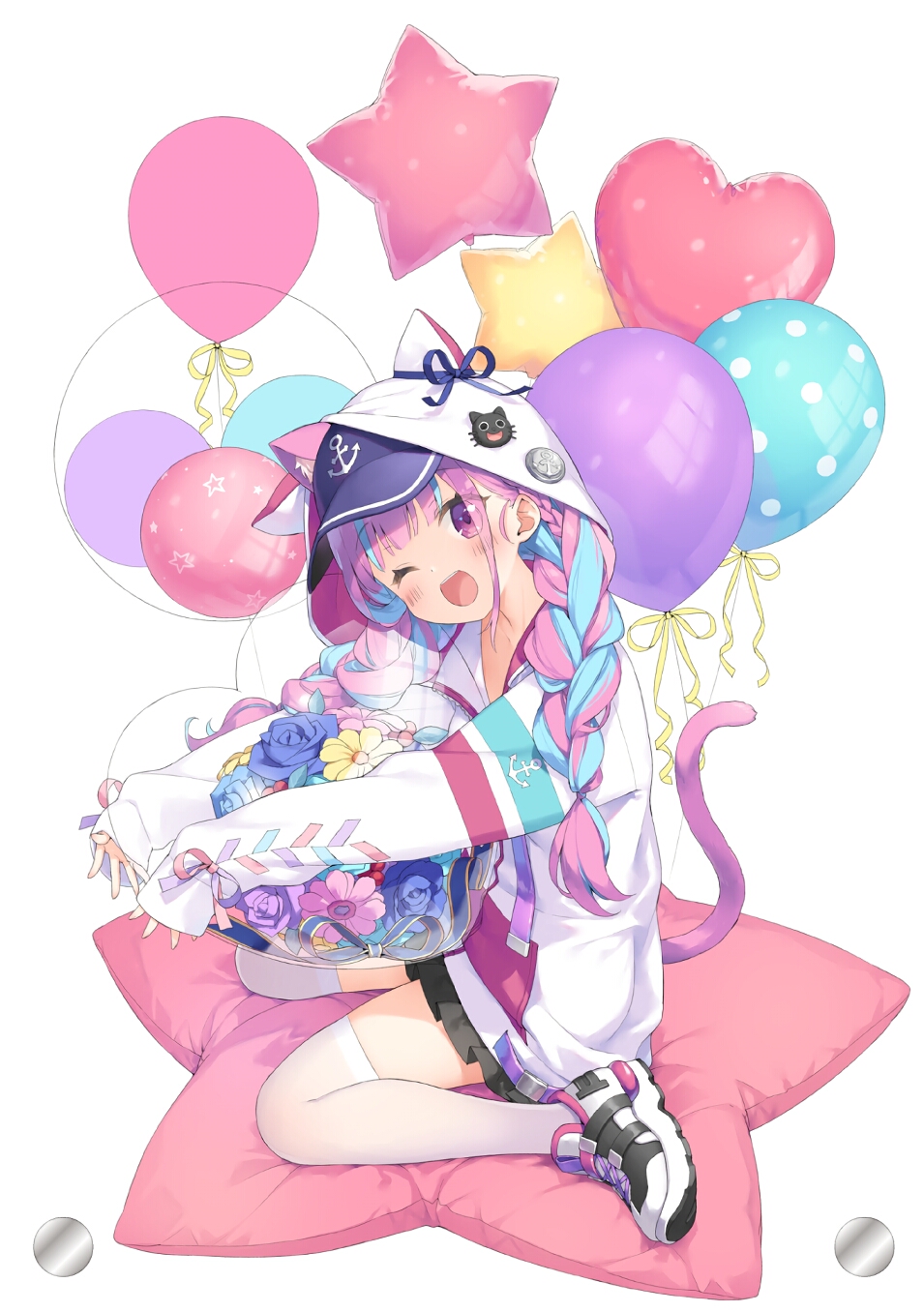 anchor_symbol animal_ears animal_hood balloon baseball_cap blue_hair blue_headwear braid cat_ears cat_hood cat_tail cushion eyebrows_visible_through_hair fake_animal_ears hair_over_shoulder hat highres holding holding_balloon hololive hood hood_up hooded_jacket jacket kani_biimu long_hair long_sleeves looking_at_viewer minato_aqua multicolored_hair neko_(minato_aqua) one_eye_closed open_mouth pink_hair puffy_long_sleeves puffy_sleeves shoes simple_background sleeves_past_wrists smile sneakers solo streaked_hair tail twin_braids two-tone_hair violet_eyes virtual_youtuber white_background white_jacket white_legwear