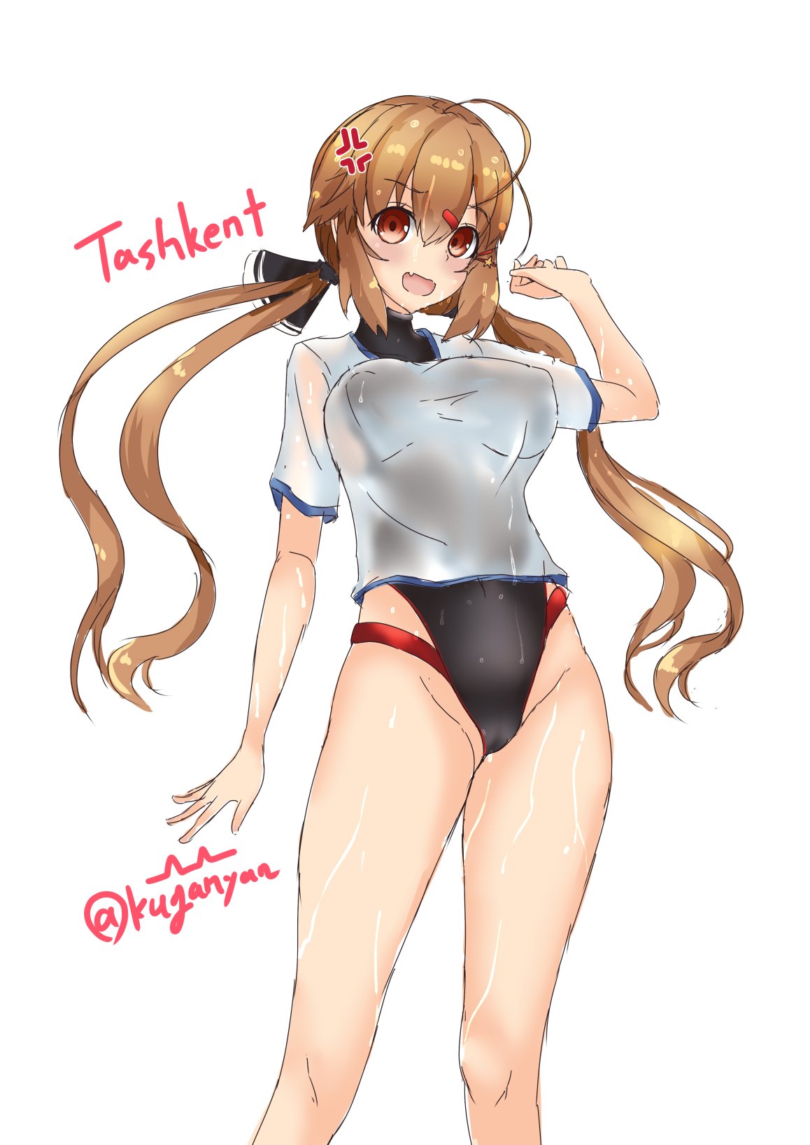 1girl anger_vein black_bow black_swimsuit bow brown_eyes brown_hair commentary_request competition_swimsuit feet_out_of_frame hair_bow highleg highleg_swimsuit highres kantai_collection kuga_zankurou long_hair low_twintails one-piece_swimsuit shirt simple_background solo standing swimsuit swimsuit_under_clothes t-shirt tashkent_(kancolle) twintails white_background white_shirt