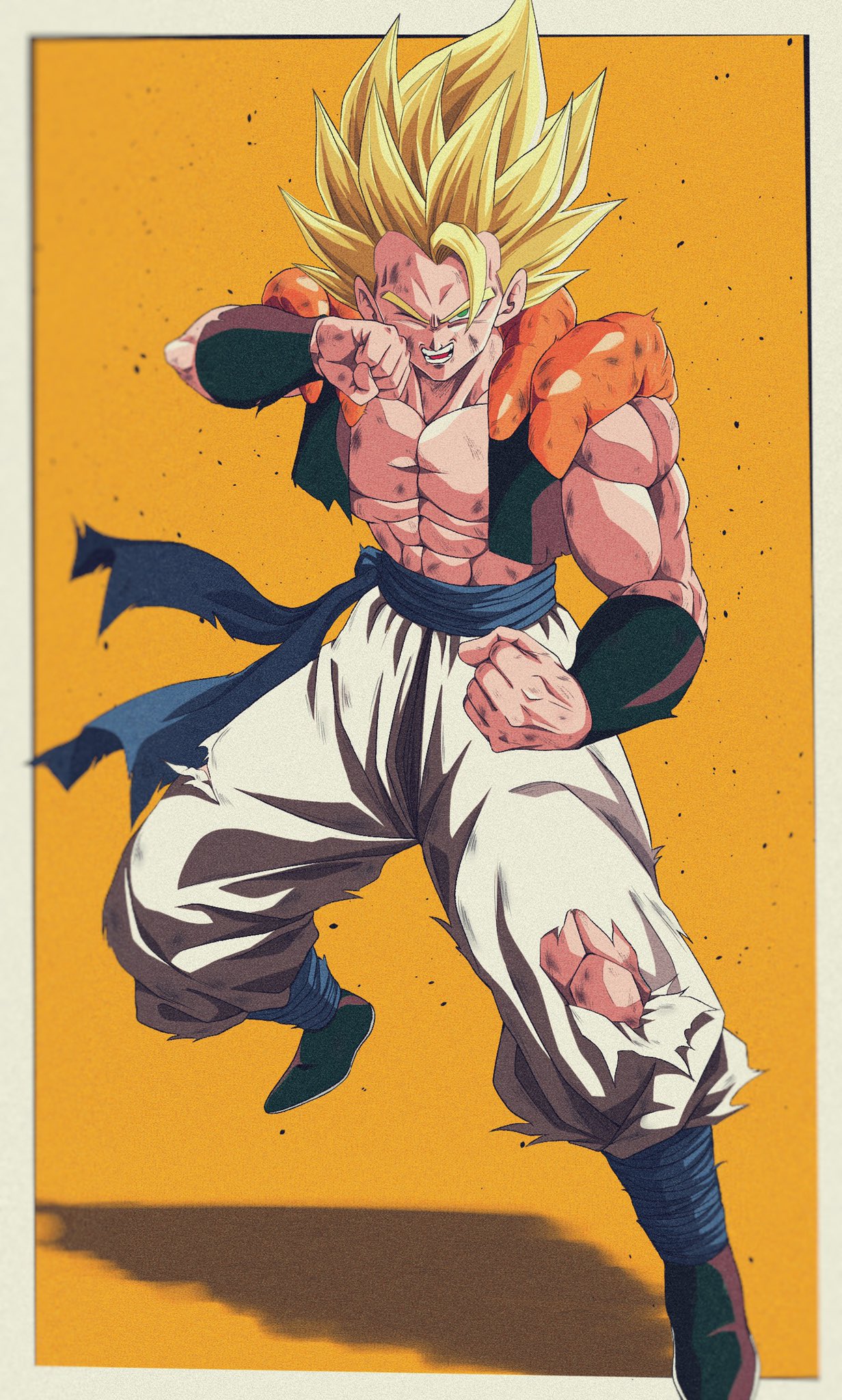 1boy abs arm_up baggy_pants biceps blonde_hair blue_footwear blue_sash boots border bracer bure_(fantasticyouth7) clenched_hands collarbone commentary_request dragon_ball dragon_ball_z full_body gogeta green_eyes hand_up highres looking_at_viewer male_focus metamoran_vest muscular muscular_male one_eye_closed open_clothes open_mouth open_vest orange_background outside_border pants pectorals sash scratches simple_background solo spiky_hair standing super_saiyan super_saiyan_1 teeth tongue torn_clothes torn_pants v-shaped_eyebrows vest white_border white_pants