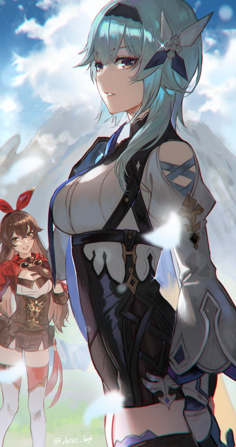 2girls amber_(genshin_impact) bangs bare_shoulders black_hairband black_headband black_legwear blue_cape blue_hair blue_necktie blue_sky breasts brown_gloves brown_hair brown_shorts cape crossed_bangs deras eula_(genshin_impact) genshin_impact gloves goggles goggles_around_neck grass hairband headband high-waist_shorts highres large_breasts long_hair medium_hair mountain multiple_girls necktie red_ribbon ribbon shorts sky standing thigh-highs thighs yellow_eyes