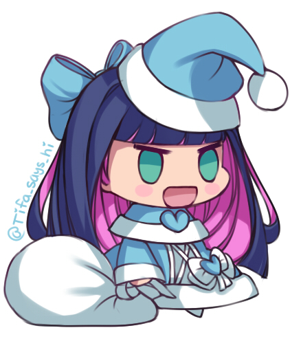 1girl :d bangs black_hair blue_coat blue_headwear blunt_bangs blush_stickers capelet chibi christmas coat colored_inner_hair commentary fur-trimmed_capelet fur_trim green_eyes hat holding holding_sack long_hair long_sleeves lowres meme multicolored_hair open_mouth padoru_(meme) panty_&amp;_stocking_with_garterbelt pink_hair sack santa_hat simple_background smile solo standing stocking_(psg) tifa-amakura twitter_username white_background