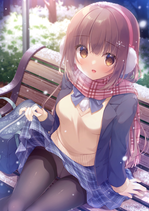 1girl :d bag black_jacket blazer blue_bow blue_skirt bow breasts brown_eyes brown_hair brown_scarf brown_sweater clothes_lift commentary_request earmuffs feet_out_of_frame fringe_trim jacket lifted_by_self long_hair long_sleeves looking_at_viewer medium_breasts melonbooks night on_bench open_clothes open_jacket outdoors panties panties_under_pantyhose pantyhose plaid plaid_scarf plaid_skirt pleated_skirt scarf school_bag school_uniform shirt sitting skirt skirt_lift sleeves_past_wrists smile snow snowing solo sweater underwear very_long_hair white_shirt yukie_(peach_candy)