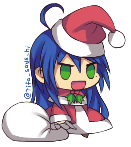 1girl :d ahoge bangs blue_hair capelet christmas coat commentary fur-trimmed_capelet fur_trim green_eyes hat holding holding_sack izumi_konata long_hair long_sleeves lowres lucky_star meme mole mole_under_eye open_mouth padoru_(meme) red_capelet red_coat red_headwear sack santa_hat simple_background smile solo standing tifa-amakura twitter_username white_background