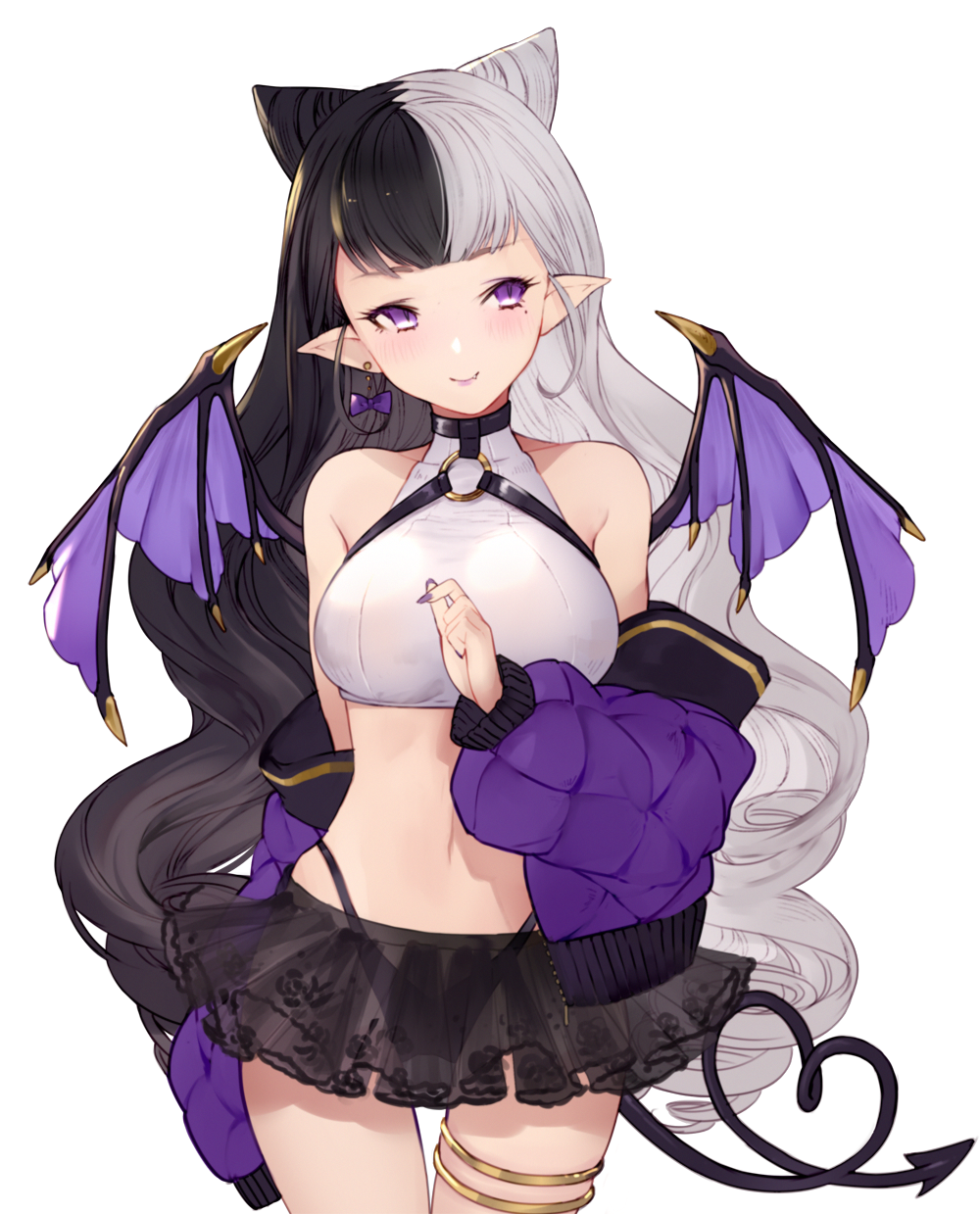 1girl arm_behind_back bare_shoulders black_hair black_panties blush bow bow_earrings breasts copyright_request cowboy_shot crop_top curly_hair demon_tail demon_wings double_bun earrings fake_horns halterneck hand_up heart heart_tail highleg highleg_panties highres horns jacket jewelry long_hair long_sleeves looking_away midriff miniskirt mole mole_under_eye multicolored_hair nail_polish navel nido_celisius off_shoulder open_clothes open_jacket panties pointy_ears pointy_hair purple_bow purple_jacket purple_nails purple_wings see-through sideways_glance single_earring skirt smile solo split-color_hair tail thighlet transparent_background two-tone_hair underwear very_long_hair violet_eyes white_hair wings