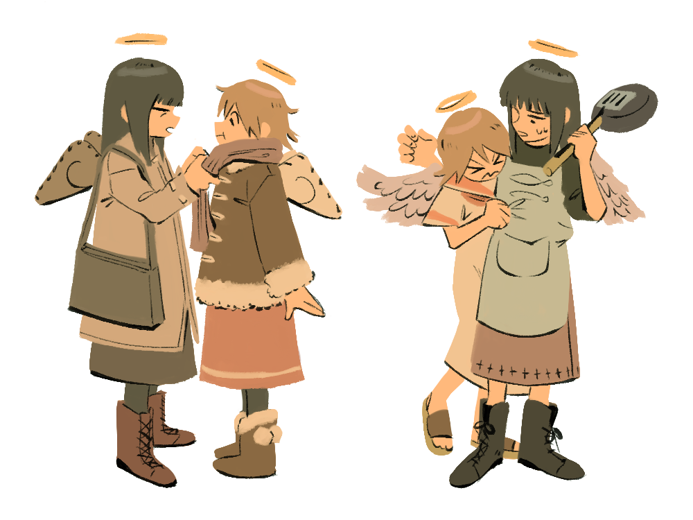 &gt;_&lt; 2girls :t =_= adjusting_another's_clothes adjusting_scarf angel_wings apron arm_at_side arms_up bag bangs beige_coat black_bag black_footwear black_hair black_legwear blunt_bangs boots brown_footwear brown_hair brown_jacket brown_scarf brown_skirt closed_eyes closed_mouth coat cross-laced_footwear dress facing_viewer feathered_wings from_side frying_pan full_body fur-trimmed_boots fur-trimmed_jacket fur-trimmed_sleeves fur_trim furrowed_brow haibane_renmei halo hand_up holding holding_frying_pan jacket leg_up legs_together long_dress long_skirt looking_at_another looking_to_the_side multiple_girls muted_color no_lineart no_nose outstretched_arm pantyhose parted_lips pocket pom_pom_(clothes) profile rakka_(haibane) red_sailor_collar reki_(haibane) sailor_collar sailor_dress sandals scarf shoelaces short_hair short_sleeves shoulder_bag sidelocks simple_background skirt standing straight_hair sweat v-shaped_eyebrows wavy_mouth white_background white_dress wildcatfourteen wings winter_clothes