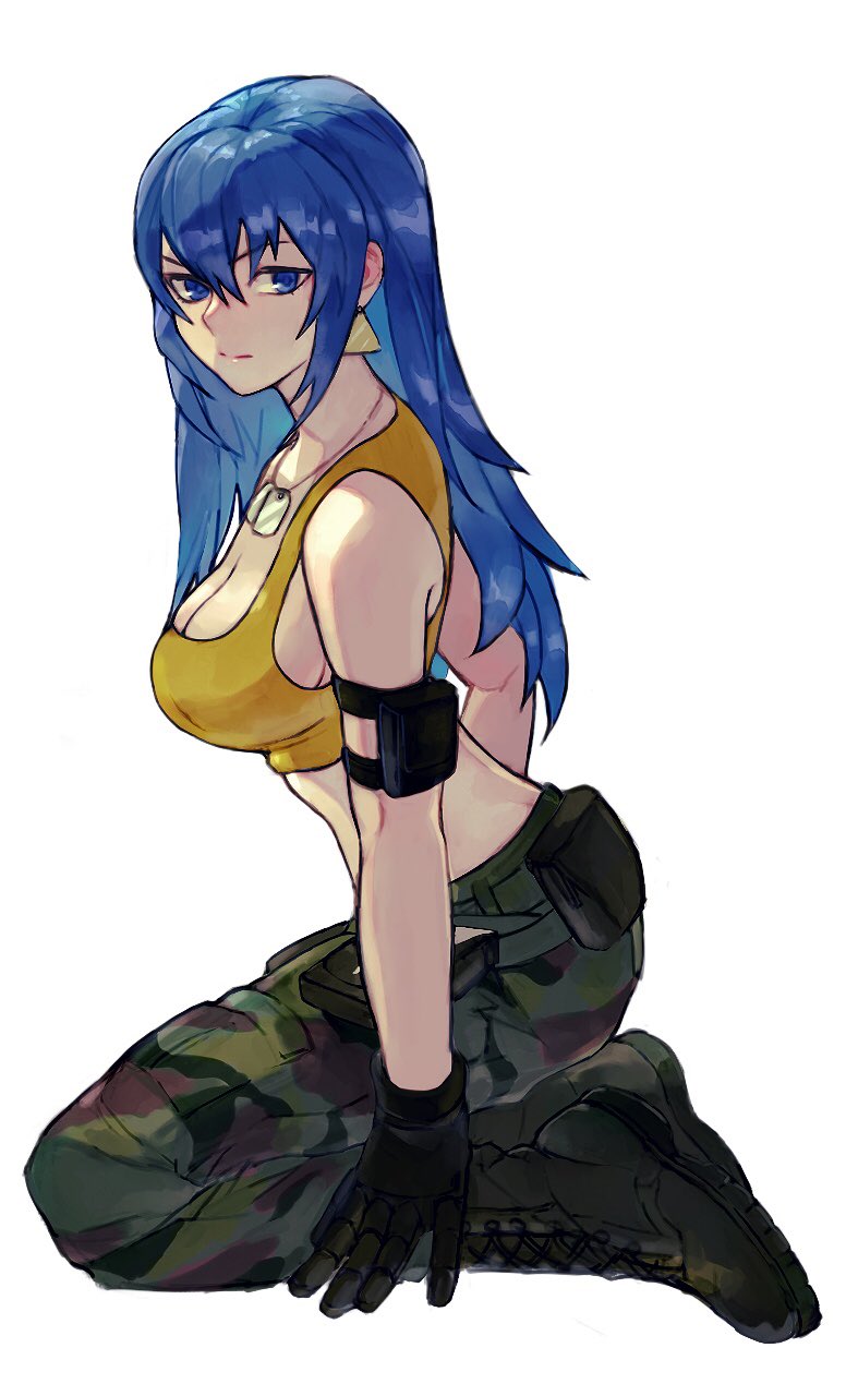 1girl alternate_hairstyle arm_pouch armlet bare_shoulders black_gloves blue_eyes blue_hair breasts camouflage cargo_pants dog_tags earrings gloves hair_down highres jewelry leona_heidern looking_at_viewer oni_gini pants pouch simple_background solo tank_top the_king_of_fighters the_king_of_fighters_xiv the_king_of_fighters_xv triangle_earrings yellow_tank_top