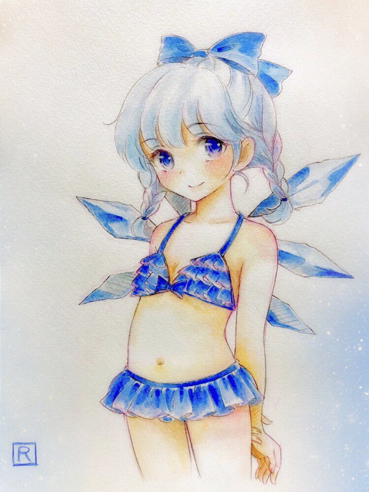 1girl alternate_hairstyle bangs bare_shoulders bikini blue_eyes blue_hair blush bow braid cirno cowboy_shot eyebrows_visible_through_hair flat_chest hair_bow ice ice_wings low_twin_braids medium_hair q-bee_(aaru) simple_background smile solo swimsuit touhou traditional_media twin_braids white_background wings