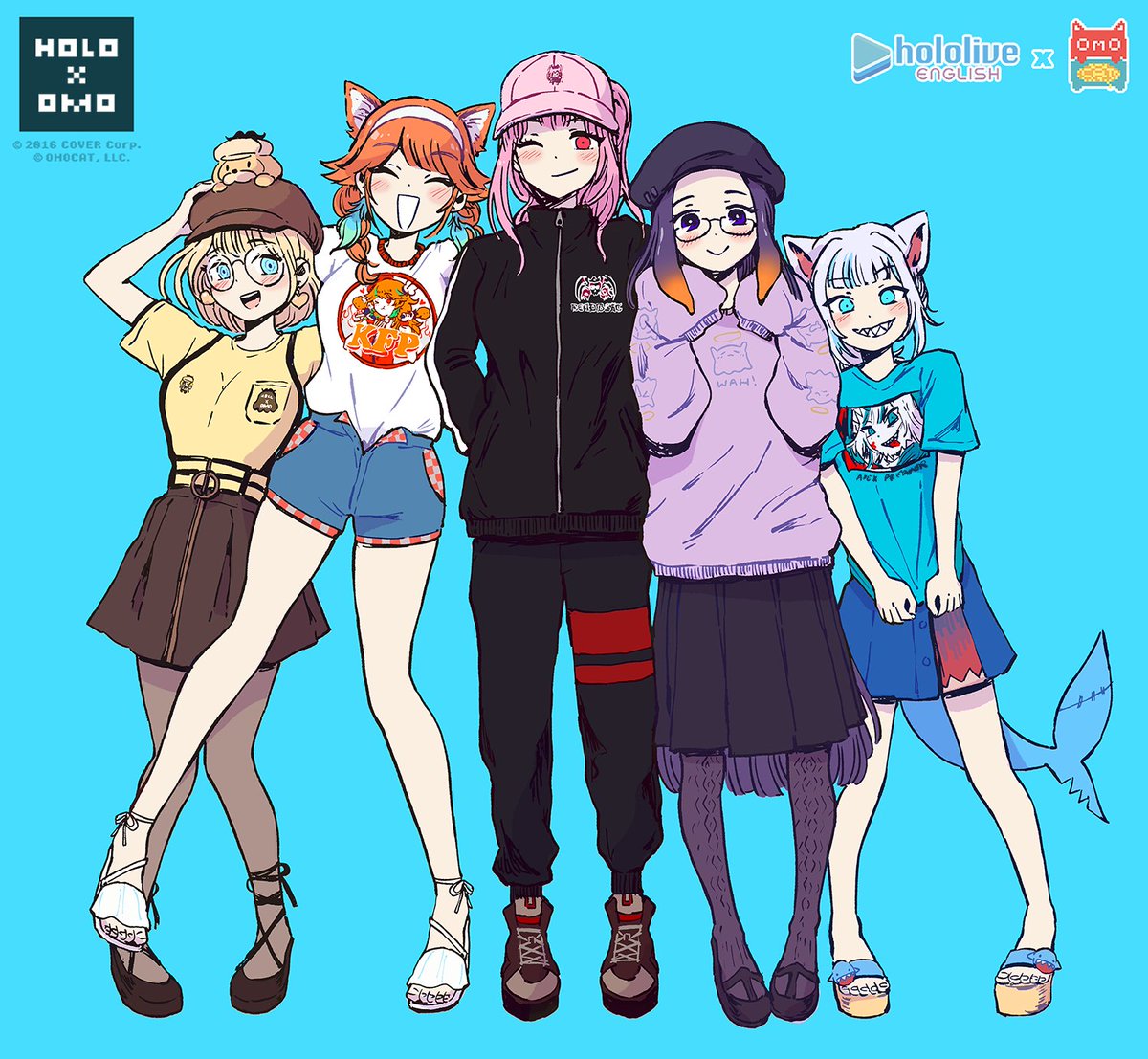 5girls alternate_costume baseball_cap blue_background closed_eyes full_body grin hat hololive hololive_english holomyth jacket looking_at_viewer multiple_girls omocat one_eye_closed sharp_teeth shirt simple_background skirt sleeves_past_wrists smile standing t-shirt teeth track_jacket track_suit virtual_youtuber
