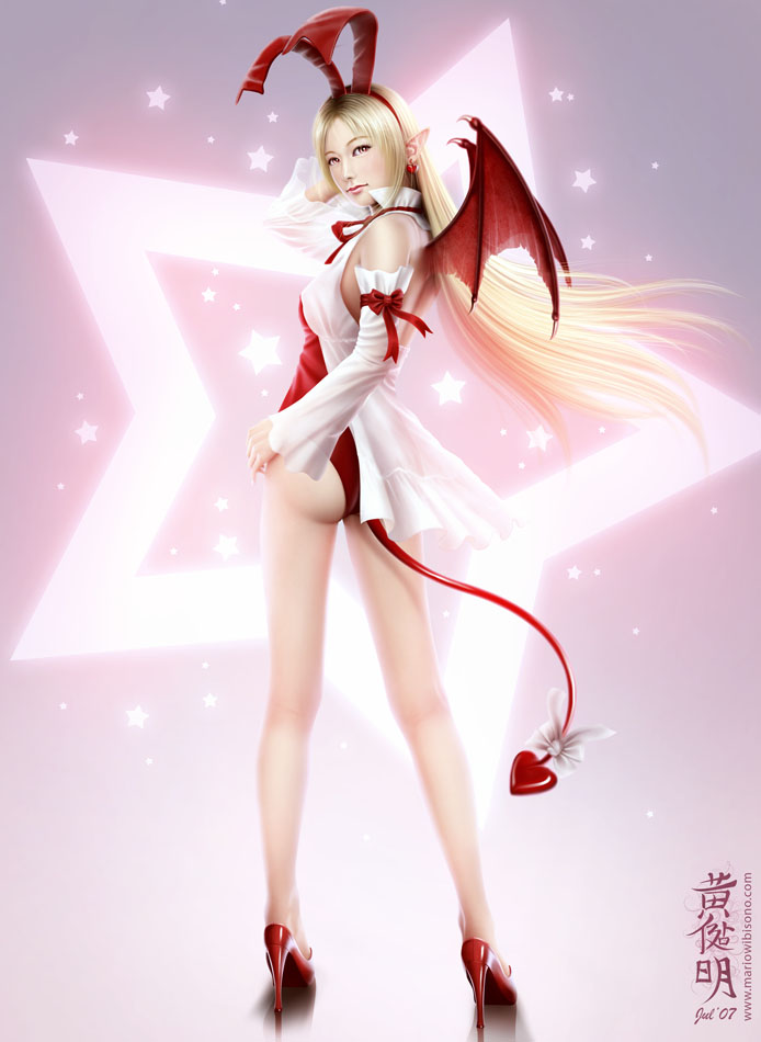 1girl ass back bare_legs bat_wings blonde_hair bow commentary_request demon_girl demon_tail detached_sleeves disgaea earrings flonne flonne_(fallen_angel) high_heels jewelry legs leotard long_hair mario_wibisono photoshop_(medium) pointy_ears realistic red_eyes red_footwear red_leotard red_tail red_wings ribbon shoes solo standing tail tail_bow tail_ornament wings