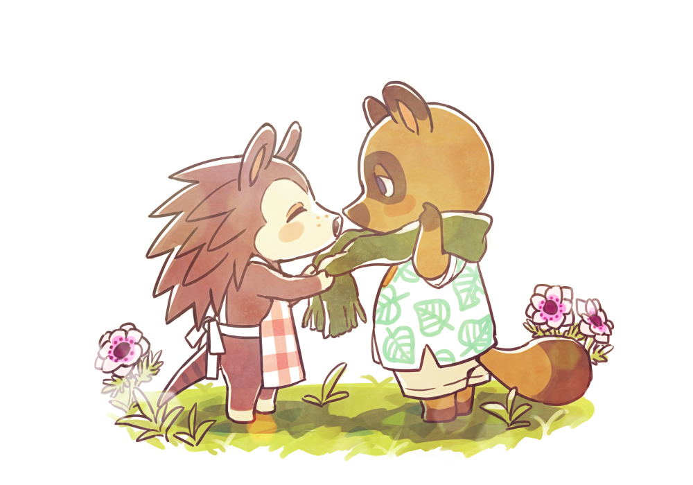 1boy 1girl adjusting_another's_clothes adjusting_clothes animal_crossing animal_nose apron bare_shoulders barefoot blue_eyes blush blush_stickers body_fur brown_fur brown_hair brown_shorts commentary_request day flat_chest flower freckles from_side furry furry_female furry_male grass green_scarf green_shirt half-closed_eyes hand_up hetero leaf_print long_hair looking_at_another outdoors pink_flower plaid plaid_apron print_shirt profile red_apron sable_able_(animal_crossing) scarf shijima_(4jima) shirt short_sleeves shorts simple_background snout spiky_hair standing tom_nook_(animal_crossing) two-tone_fur white_background white_fur