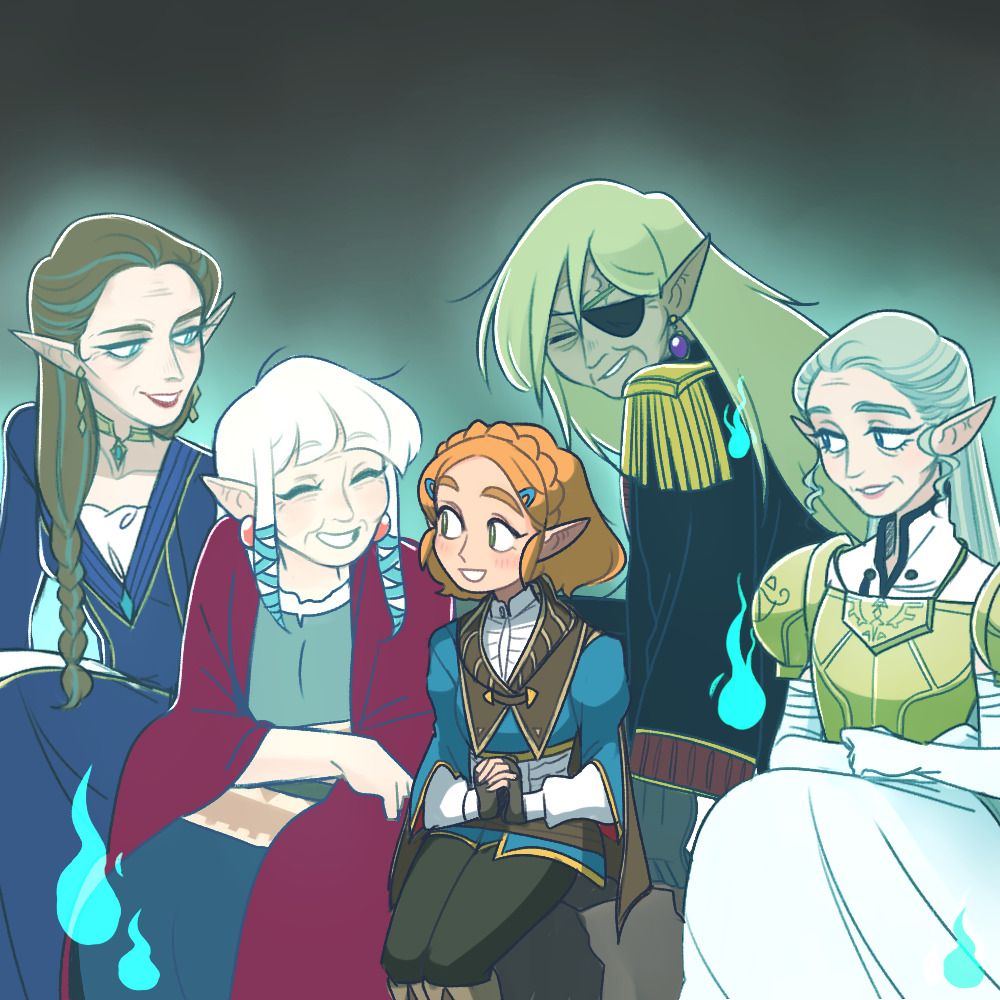 5girls armor blonde_hair braid breastplate brown_hair coat crown_braid dress epaulettes eyepatch ghost grey_hair long_hair looking_at_another mims_(mimimon) multicolored_hair multiple_girls multiple_persona old old_woman older pointy_ears princess_zelda short_hair smile tetra the_legend_of_zelda the_legend_of_zelda:_breath_of_the_wild the_legend_of_zelda:_ocarina_of_time the_legend_of_zelda:_skyward_sword the_legend_of_zelda:_the_wind_waker the_legend_of_zelda:_twilight_princess two-tone_hair