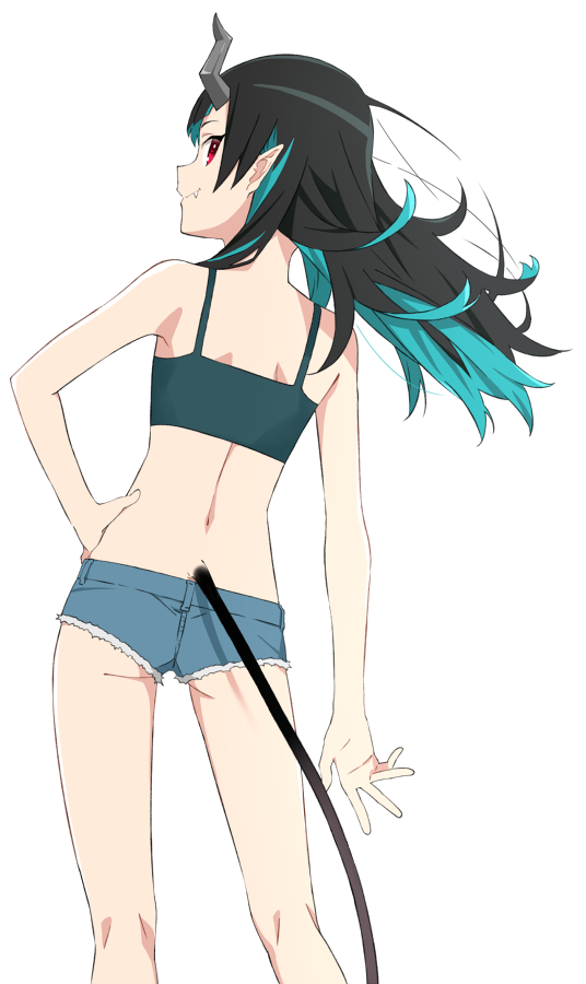 1girl akitetsu ass back bangs black_hair blue_hair blue_shorts camisole closed_mouth crop_top demon_girl demon_horns demon_tail fang fang_out feet_out_of_frame flat_chest green_camisole hand_on_hip horns long_hair looking_at_viewer looking_back multicolored_hair pointy_ears red_eyes shishio_chris short_shorts shorts simple_background smile solo sugar_lyric tail transparent_background two-tone_hair virtual_youtuber