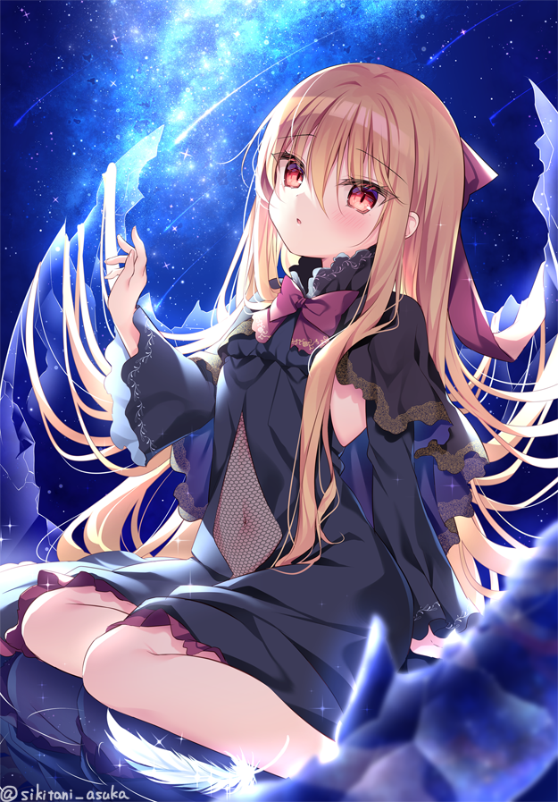 1girl bangs black_capelet black_dress blonde_hair blush bow capelet commentary_request dress eyebrows_visible_through_hair fishnets hair_between_eyes long_hair long_sleeves looking_at_viewer navel night original outdoors parted_lips red_bow red_eyes reflection ripples shikitani_asuka sitting sky solo star_(sky) starry_sky twitter_username very_long_hair water white_feathers wide_sleeves yokozuwari