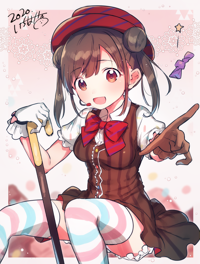 1girl :d asymmetrical_gloves bangs bloomers bow breasts brown_dress brown_gloves brown_hair collared_shirt commentary_request diagonal-striped_bow double_bun dress dress_shirt eyebrows_visible_through_hair feet_out_of_frame gloves ichihaya idolmaster idolmaster_shiny_colors looking_at_viewer medium_breasts mismatched_gloves puffy_short_sleeves puffy_sleeves red_bow red_eyes red_headwear shirt short_sleeves signature sleeveless sleeveless_dress smile solo sonoda_chiyoko star_(symbol) striped striped_headwear striped_legwear thigh-highs twintails underwear white_bloomers white_gloves white_shirt