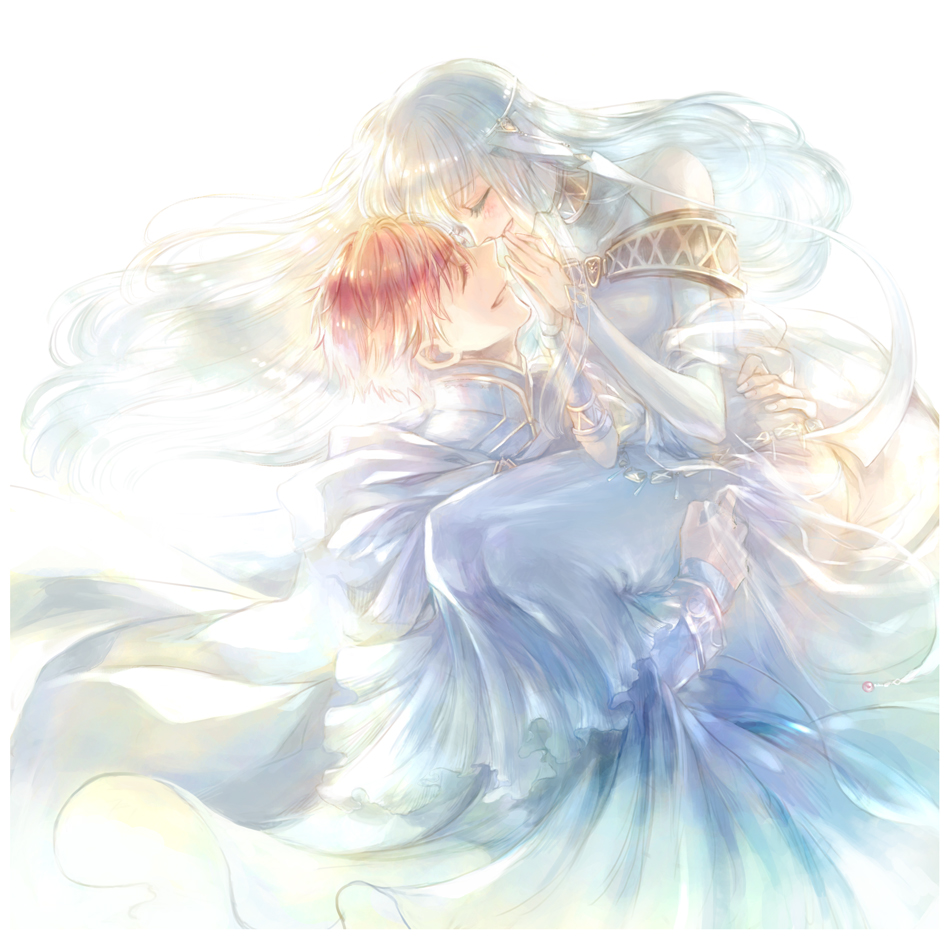 1boy 1girl blue_dress blue_hair carrying closed_eyes dress eliwood_(fire_emblem) fire_emblem fire_emblem:_the_blazing_blade kuzumosu long_dress long_hair long_sleeves ninian_(fire_emblem) open_mouth own_hands_together princess_carry redhead short_hair simple_background smile white_background