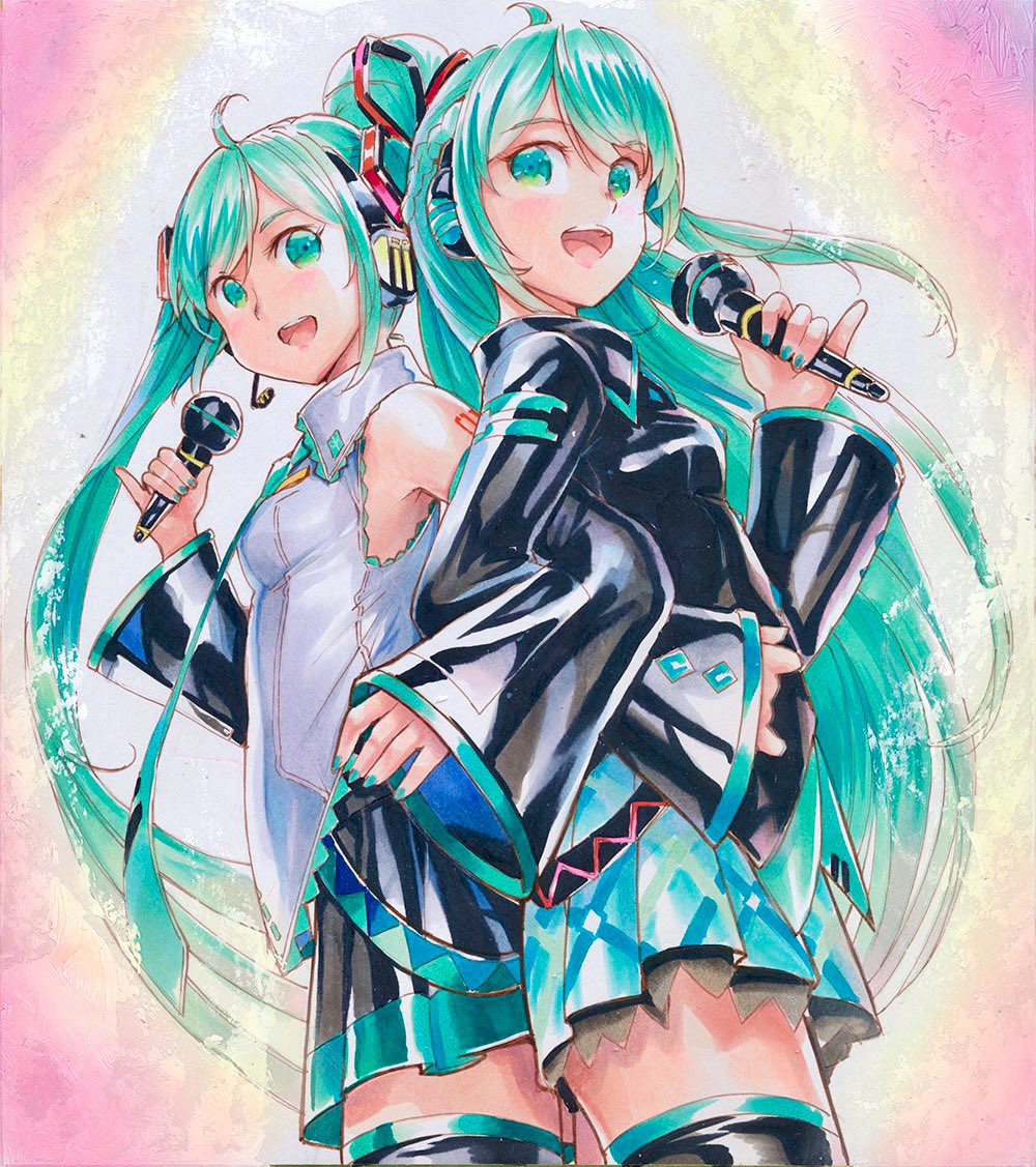 2girls ahoge aqua_eyes aqua_hair aqua_nails aqua_necktie aqua_skirt back-to-back bare_shoulders black_legwear black_shirt black_skirt black_sleeves braid commentary cowboy_shot detached_sleeves dual_persona french_braid grey_shirt hair_ornament hatsune_miku hatsune_miku_(if) headphones headset holding holding_microphone locked_arms long_hair long_sleeves mayo_riyo microphone miniskirt multiple_girls nail_polish necktie open_mouth pinky_out pleated_skirt ponytail shiny shiny_clothes shirt shoulder_tattoo skirt sleeveless sleeveless_shirt smile standing tattoo thigh-highs traditional_media twintails very_long_hair vocaloid zettai_ryouiki