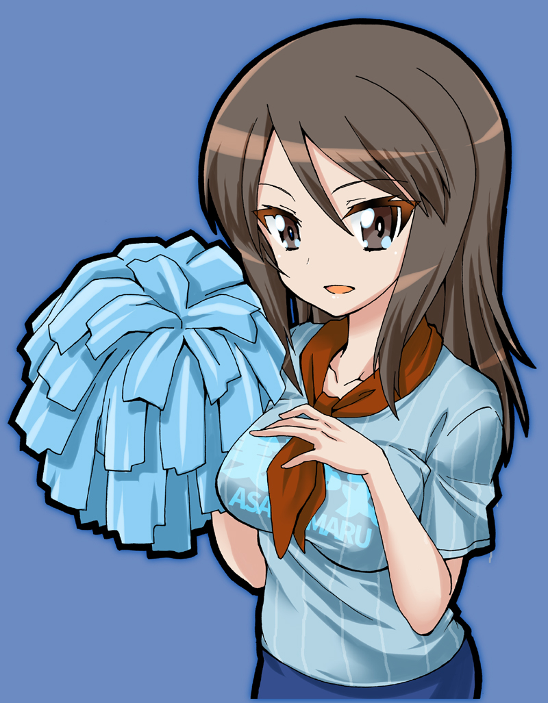 1girl ascot bangs blue_shirt brown_eyes brown_hair clothes_writing commentary fujimaru_arikui hand_on_own_chest holding holding_pom_poms long_hair looking_at_viewer mika_(girls_und_panzer) no_hat no_headwear open_mouth pom_pom_(cheerleading) shirt short_sleeves simple_background smile solo striped striped_shirt t-shirt upper_body vertical-striped_shirt vertical_stripes
