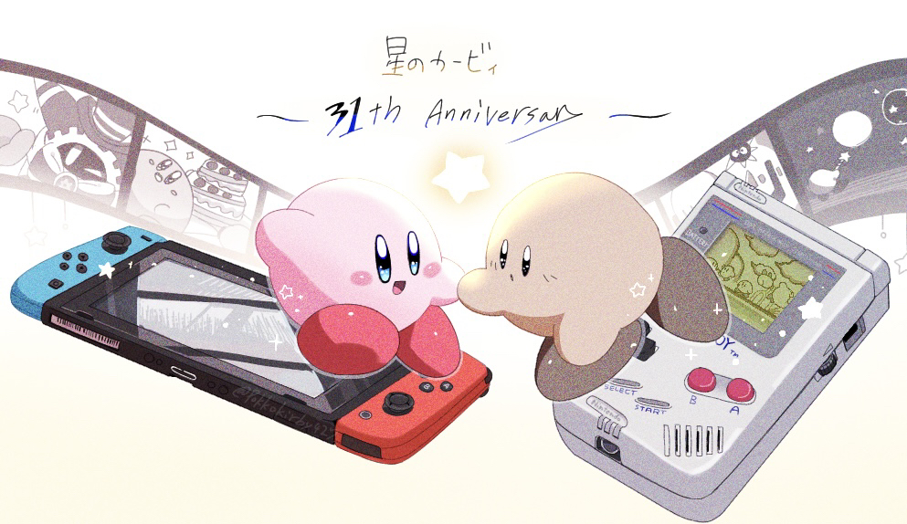 :d :o anniversary artist_name blue_eyes blush blush_stickers commentary_request dual_persona game_boy game_boy_(original) gordo handheld_game_console holding_hands kirby kirby's_dream_buffet kirby's_dream_land kirby's_return_to_dream_land kirby_(series) looking_at_another magolor nintendo nintendo_switch no_humans open_mouth pokko_(pokkokirby427) simple_background smile star_(symbol) star_rod translation_request twitter_username white_background
