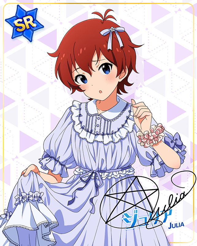 blue_eyes blush character_name dress idolmaster_million_live!_theater_days julia_(idolmaster) redhead short_hair smile