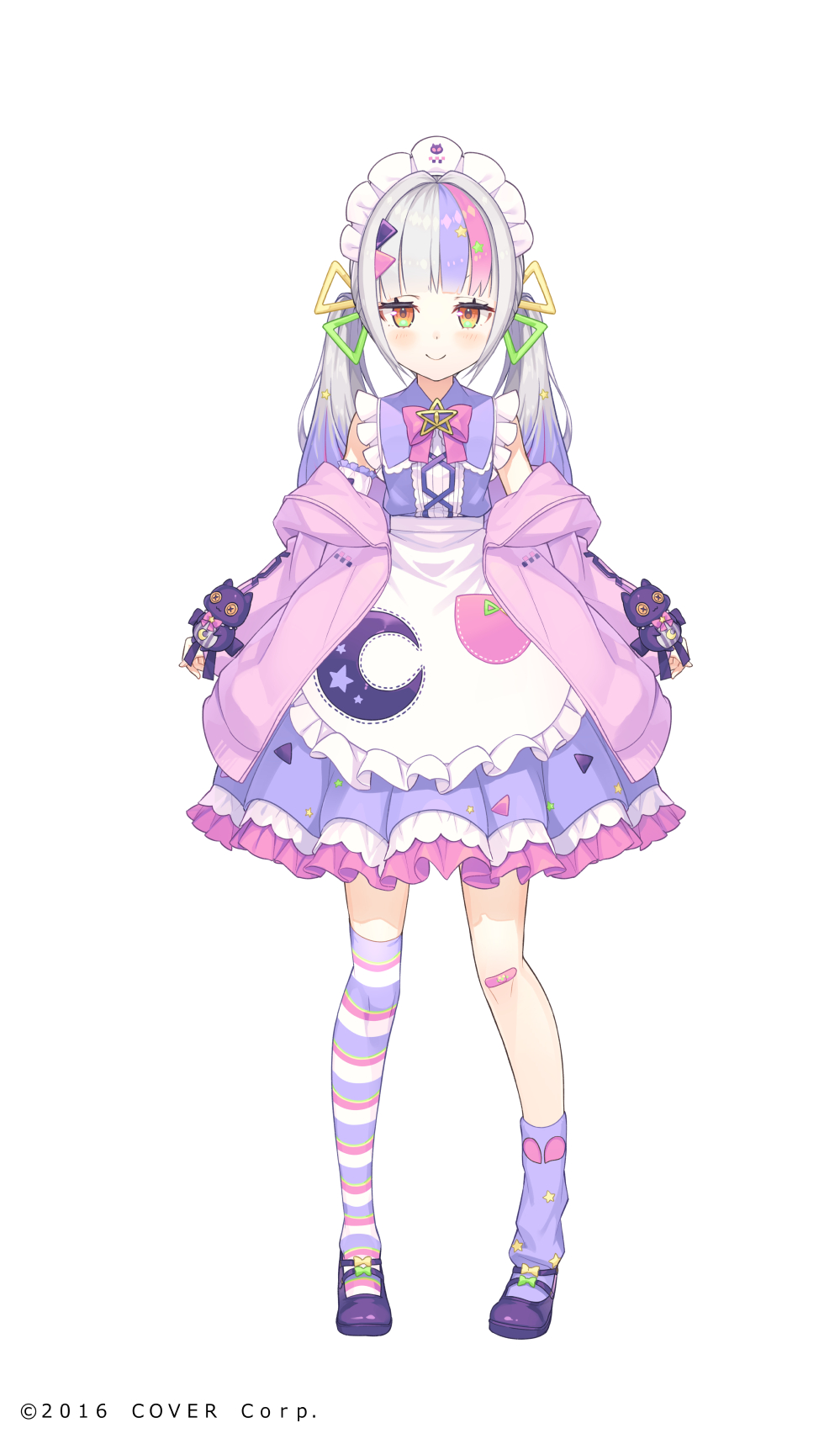 1girl apron asymmetrical_legwear bandaid bandaid_on_knee bangs brooch commentary_request company_name eyebrows_visible_through_hair frills full_body highres hololive jacket jewelry long_hair maid maid_apron maid_headdress multicolored_hair murasaki_shion off_shoulder official_art open_clothes open_jacket open_mouth orange_eyes pink_hair pink_jacket purple_footwear purple_hair shiokko_(murasaki_shion) silver_hair smile solo star_brooch striped striped_legwear tachi-e tam-u thigh-highs twintails uneven_legwear vertical-striped_legwear vertical_stripes virtual_youtuber