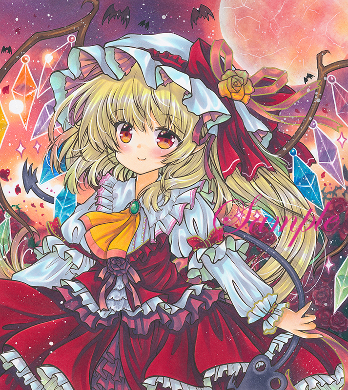 1girl ascot bat blonde_hair brooch closed_mouth cowboy_shot crystal eyebrows_visible_through_hair flandre_scarlet flower frilled_shirt_collar frilled_skirt frilled_sleeves frills green_brooch hat hat_ribbon head_tilt jewelry juliet_sleeves laevatein_(touhou) long_hair long_sleeves looking_at_viewer marker_(medium) mob_cap moon orange_ascot outdoors puffy_sleeves purple_background purple_flower purple_rose red_eyes red_flower red_moon red_ribbon red_rose red_skirt red_vest ribbon rose rui_(sugar3) sample shirt side_ponytail skirt sleeve_ribbon smile solo touhou traditional_media vest white_headwear white_shirt wings yellow_flower yellow_rose