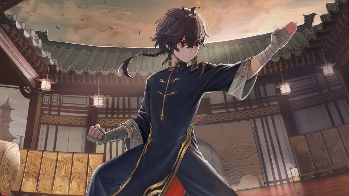 1boy architecture arm_wrap bird black_hair black_pants braid building changyu_(punishing:_gray_raven) character_request check_character chinese_clothes clouds devil_lo east_asian_architecture feet_out_of_frame long_hair martial_arts outdoors pants punishing:_gray_raven red_eyes single_braid solo twilight
