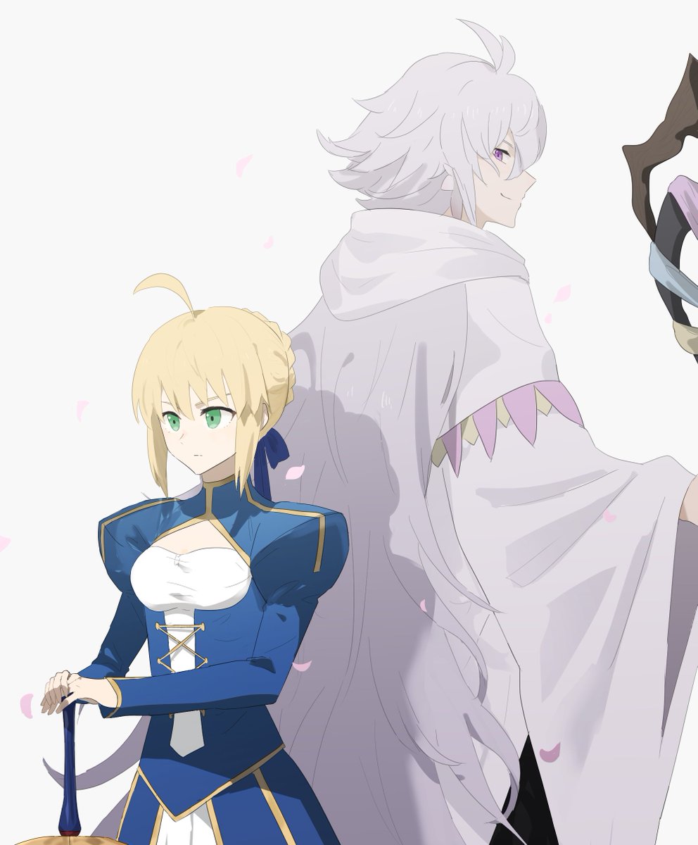 1boy 1girl ahoge antenna_hair artoria_pendragon_(fate) back-to-back blonde_hair blue_dress blue_ribbon braid closed_mouth clothing_cutout commentary_request dress excalibur_(fate/stay_night) fate/grand_order fate/stay_night fate_(series) french_braid green_eyes hair_ribbon height_difference highres holding holding_staff holding_sword holding_weapon hooded_robe juliet_sleeves long_sleeves looking_at_another looking_away merlin_(fate) ne_f_g_o petals puffy_sleeves ribbon robe saber serious shadow short_hair sidelocks simple_background smile staff sword upper_body violet_eyes weapon white_background white_hair white_robe wide_sleeves