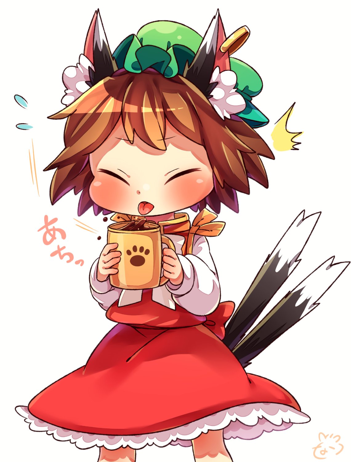animal_ear_fluff animal_ears cat_ears cat_tail chen closed_eyes cup dress feet_out_of_frame flying_sweatdrops frilled_dress frills gold_trim highres holding holding_cup hot ibaraki_natou multiple_tails nekomata paw_print red_dress ribbon shirt simple_background surprised tail tongue tongue_out touhou two_tails white_background white_neckwear white_ribbon white_shirt