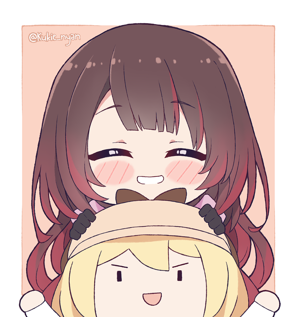2girls ^_^ blush_stickers chibi closed_eyes commentary english_commentary facing_viewer hololive hololive_english kukie-nyan looking_at_viewer multiple_girls roboco-san twitter_username virtual_youtuber walfie_(style) watson_amelia