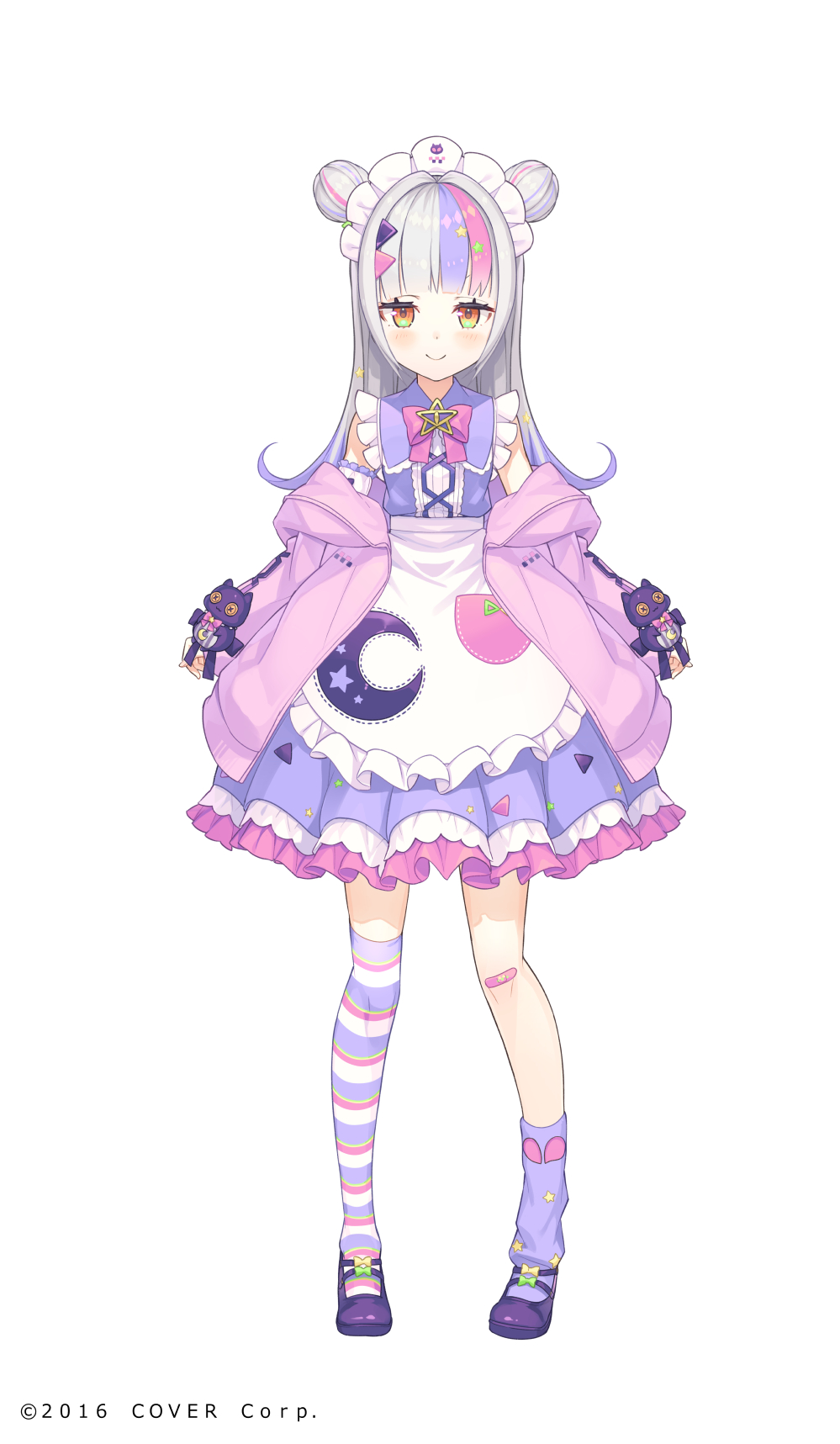 1girl apron asymmetrical_legwear bandaid bandaid_on_knee bangs brooch commentary_request company_name double_bun eyebrows_visible_through_hair frills full_body highres hololive jacket jewelry long_hair maid maid_apron maid_headdress multicolored_hair murasaki_shion off_shoulder official_art open_clothes open_jacket open_mouth orange_eyes pink_hair pink_jacket purple_footwear purple_hair shiokko_(murasaki_shion) silver_hair smile solo star_brooch striped striped_legwear tachi-e tam-u thigh-highs uneven_legwear vertical-striped_legwear vertical_stripes virtual_youtuber